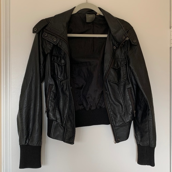 Black Leather Jacket with Ribbed Sleeves - Picture 1 of 5